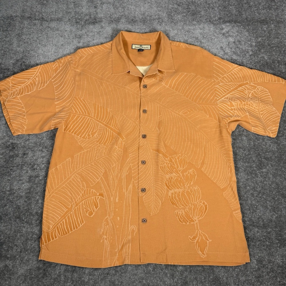 Tommy Bahama Shirt Men's Large Orange Silk Short Sleeve Button‎ Up Banana Leaf